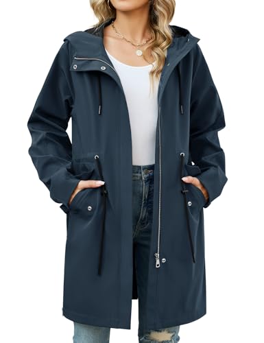 Tuopuda Veste Femme mi Saison Légères Blousons avec Capuche Outdoor Manteau avec Zippé Parka Printemps Automne Décontracté Outwear(Bleu marine,XXL)