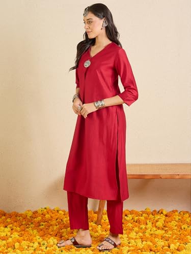 Image of INDO ERA Women's Viscose Solid A-Line Calf Length Kurta & Pant Set (IESTR12352)