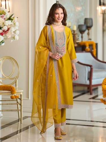 Image of INDO ERA Women's Silk Blend Ethnic Motifs Embroidered A-Line Kurta & Pant with Dupatta Set (IEOUT12371)