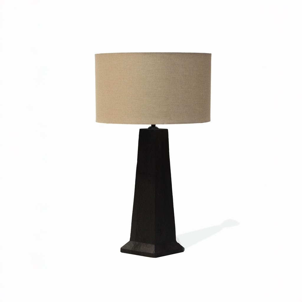 Arthur Cameron - Saltford Wooden Desk Lamp Made from Black-Stained Sandblasted Mango Wood with a Beige Linen Drum Shade (Large)