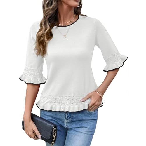 AKEWEI Womens 3/4 Sleeve Pullover Sweater Crewneck Knit Peplum Tops Lightweight Casual Going Out Outfits