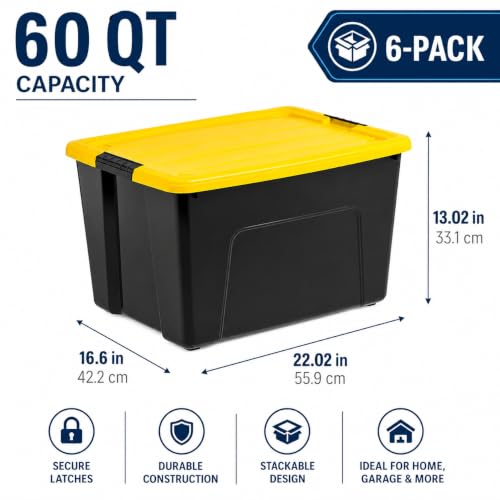 Image of Storage Bins 60 Qt Stackable with Lids 6 Pack for Garage Basemen | Durable Plastic with Side Handles - Lightweight and easy to carry. Ideal for garage, basement, closet, and office.