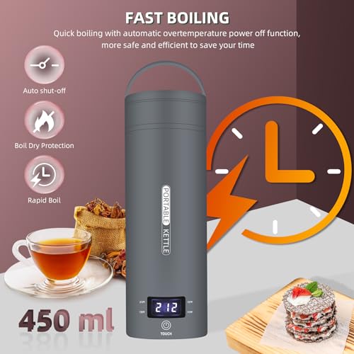 Image of Travel Electric Kettle Portable Small Mini Tea Coffee Kettle Water Boiler, Water Heater with 4 Temperature Control,304 Stainless Steel with Auto Shut-Off & Boil Dry Protection, BPA-Free (Grey)