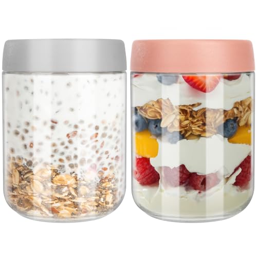 Otauoaea Lot de 2 Overnight Oats Jar 500ml - Pot Overnight Oat Verre - Confiture Pot en Verre avec Couvercle - Bocal Overnight Oats, Salade, Avoine, Puddings, Smoothie