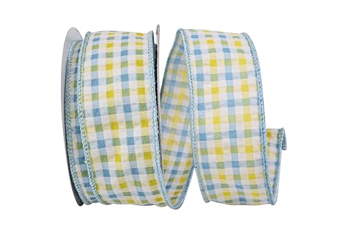 Reliant Ribbon 93830W-052-09F Seersucker Check Summer Wired Edge Ribbon, 1-1/2 Inch X 10 Yards, Light Blue