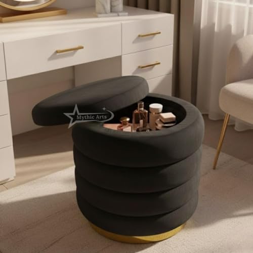 Image of Round Velvet Single-Strip Office Stool Foot Rest Stool, Linen Fabric Padded Seat Pouf Ottoman, 15 X 15 X 19 inch, Round Shape for Living Room, Office, etc. Black
