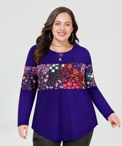 Image of CARCOS Plus Size Tops for Women Color Block Flower /Striped /Camo Crew Neck Long Sleeve Tee Shirt