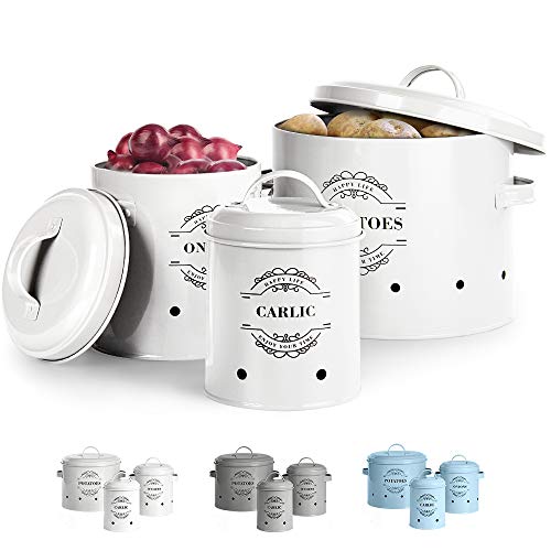 Virklyeeu00ae Paniers Ail Pot à Oignon en Métal Set of 3-Pot de pomme de terre, pot d'oignon, pot d'ail, Pots et bocaux de conservation Rangement en métal Conception aérée pour un rangement facile (Blanc)