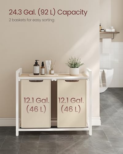 Image of VASAGLE Laundry Hamper, Laundry Basket Sorter with 2 Pull-Out and Removable Bags, Shelf, Metal Frame, 2 x 12.1 Gallons (46 L), 28.8 x 13 x 28.4 Inches, Cappuccino Beige and Natural Beige UBLH201LH01