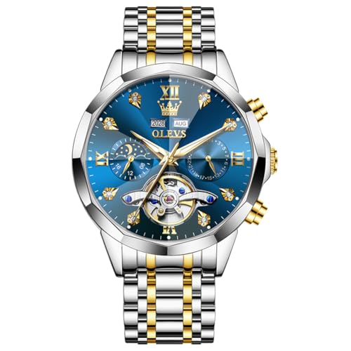 Image of OLEVS Automatic Men Watch Self Winding Mechanical Moon Phase Business Luxury Diamond Dress Stainless Steel Waterproof Luminous Mens Wrist Watch