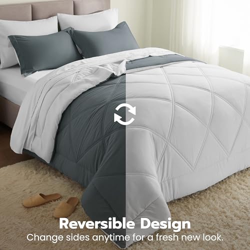 Joiedomi King Size Comforter Set with Sheets Dark Grey, 7 Pieces King Bedding Set with 1 Down Alternative Comforter, 1 Flat Sheet, 1 Fitted Sheet, 2 Pillowcases and 2 Pillow Shams, Bed in a Bag by Joiedomi - Used condition - Image 7
