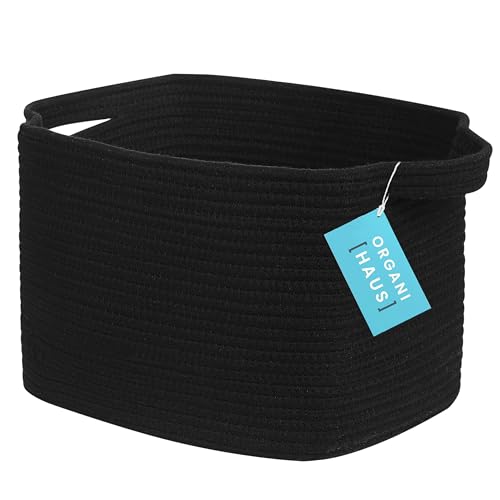 OrganiHaus Storage Baskets for Shelves & Bathroom, Small Laundry Basket, Cotton Rope Woven Organiser for Clothes, Toys & Towels, Decorative Home Storage Box - 34x28x24cm, Black - Cosy Home Interiors OrganiHaus Storage Baskets for Shelves & Bathroom, Small Laundry Basket, Cotton Rope Woven Organiser for Clothes, Toys & Towels, Decorative Home Storage Box - 34x28x24cm, Black