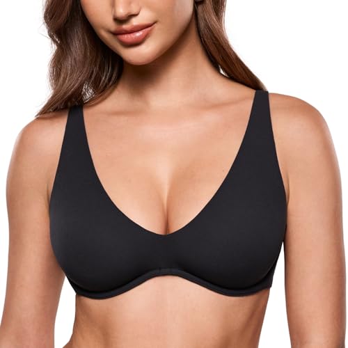 INLYRIC Women's Inbarely Plus Unlined Bras V Neck No Padding Underwire Tshirt Comfort Lounge Everyday Bras Black 34D