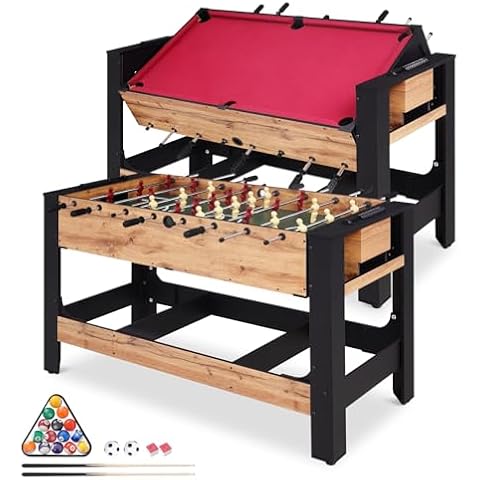 54” 2-in-1 Swivel Multi Game Table - Billiards, Foosball, Combo Game Table Set for Adults Kids, Game Room, Friends & Family w/Pool, Foosball, Includes Cues, Triangle & Balls, Rustic Wood Grain Finish Cover