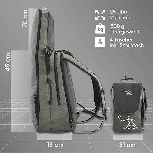 BALLO® Tennisrucksack Tennistasche [NEUHEIT] Schlägertasche Rucksack Tasche Tennis Badminton | Damen Herren mit Schuhfach & geschlossenem Schläger Fach Farbe Grau