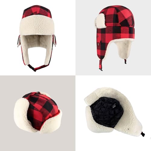 Image of Buffalo Plaid Winter Trapper Hat, Sherpa Lined Ear Flap Hunting Cap Men
