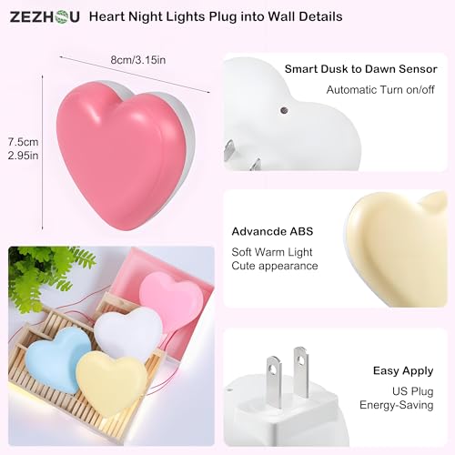 Image of Night Lights Plug into Wall - Cute Heart LED Night Light for Kids, Plug in Nightlight with Smart Auto On /Off Dusk to Dawn Sensor, Soft Warm White Lamp for Bedroom Nursery Living Room Bathroom Hallway