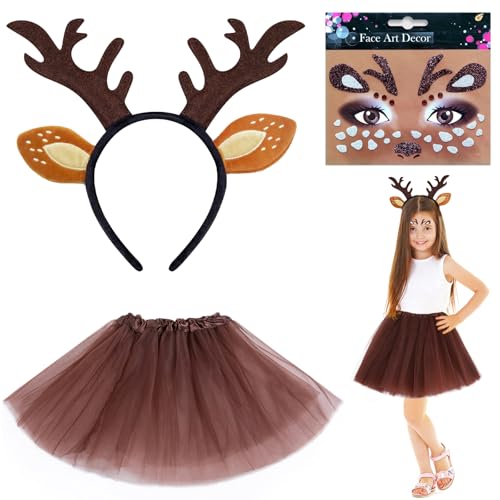 KECDRU Rentier Kostüm Mädchen 3 teilig für Karneval Fasching Weihnachten Mit Kopfband Gesichtstattoo Tutu-Rock Kinderparty Verkleidung Brauner