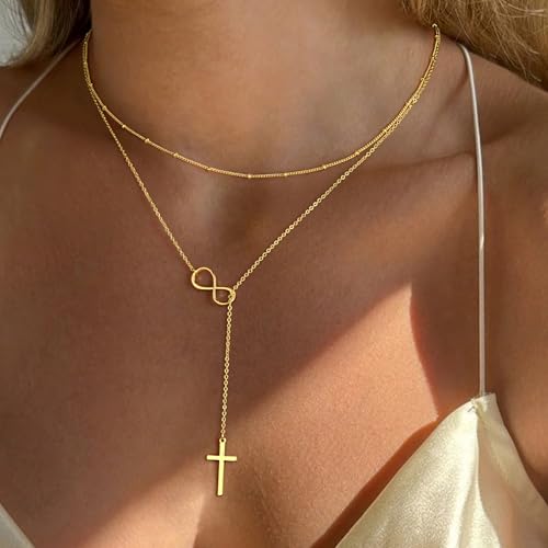 Ursteel Lariat Gold Cross Necklace for Women - Dainty 14K Gold Plated Y-Shaped Cross Pendant Necklace Long Layered Pearl Heart Necklaces Religious Christian Baptism Faith Jewelry Gifts2