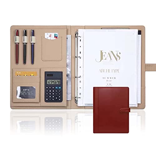 メモ帳付きA4会議フォルダー、 A4 ポートフォリオバインダー PUレザー メモ帳 3リングバインダー オーガナイザーフォルダー マルチカラー 複数オプション(Brown,8 digit calculator)