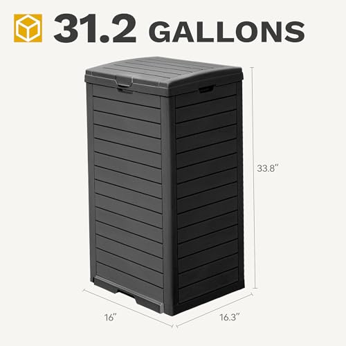 DWVO 38 Gallon Large Outdoor Trash Can, Waterproof Resin Hideaway Garbage Bin with Lid and Drip Tray, Outside Trash Bin for Porch, Backyard, Deck, Patio, Poolside, Easy to Clean, Black