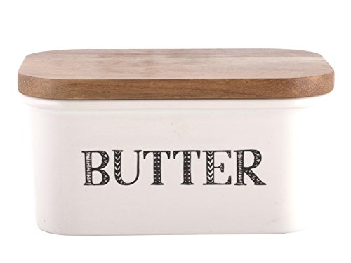 Creative Tops "Bake Stir It Up" Stoneware Butter Dish with Acacia Wood Lid, White, Large