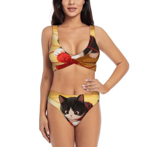 Bikini push-up avec coussinets amovibles Cat Yarn Ball et haut triangle réglable pour femme