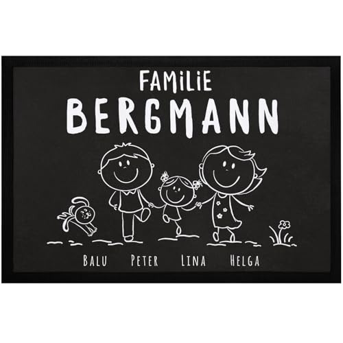 SpecialMe® Fußmatte Familie personalisiert mit Namen 1, 2, 3 & mehr Kinder Hund Katze Strichmännchen Weiss 60x40cm