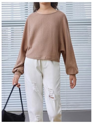 Image of SOLY HUX Girl's Bishop Long Sleeve T Shirt Round Neck Loose Solid Tee Tops Plain Apricot 11Y