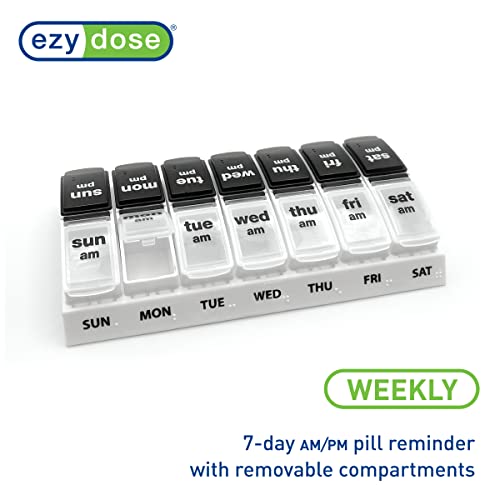 Image of EZY DOSE Weekly (7-Day) Daily AM /PM Pill Case, Medicine Planner, Vitamin Organizer, Supplement Container, Large Pop-Out Compartments, Designed for Travel 2 Times a Day, Black and White Lids