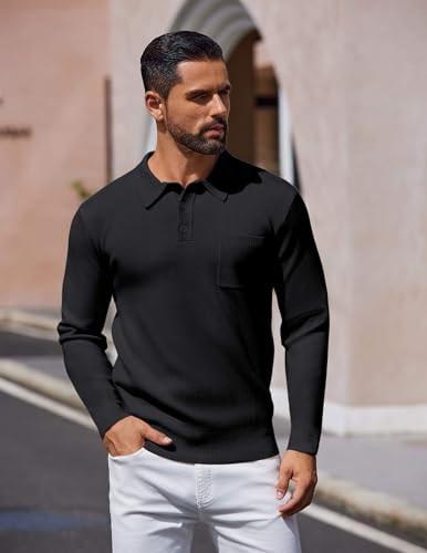 COOFANDY Mens Long Sleeve Polo Sweater Knit Polo Casual Heavyweight Thermal Pullover Sweater with Pocket3