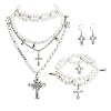 Bocar Gothic Cross Layered Pearl Necklace Chunky Statement Stacked Necklace Y2K Silver Layered Necklace for Women (NK-10769)