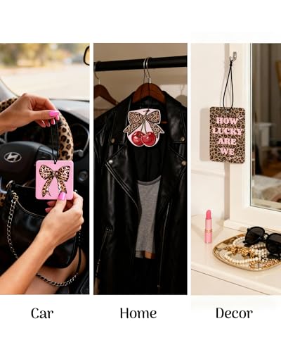 Image of Cheetah Print 5pcs Car Air Freshener Bow Coquette Leopard Print Car Accessories Automotive Interior Hanging Scents Mirror Decor for Women Teen Girls