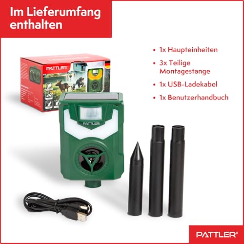 PATTLER® Solar Tierschreck, Marderschreck, Hundeschreck - Bewegungssensor mit 10m Reichweite - Flammenlicht zur Abschreckung - effektiv gegen Hunde, Vögel, Marder – 1 Stück