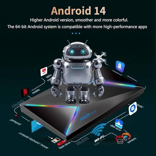 Image of Android TV Box 14.0,R69PLUS 4GB RAM 32GB ROM Android 14 Box,CPU Allwinner H728 &GPU Mali G57-MC1 Chipset Android Box,4K /8K Resolution Support 2.4G /5.8G Dual WiFi and Bluetooth 5.0 Smart Tv Box 2025