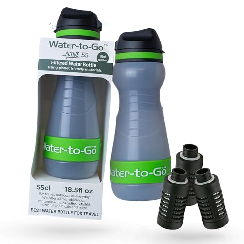 WATER TO GO Botella de agua filtrada pequeña (55 cl) con tres filtros, botella de agua de nanofiltración con filtro para viajes, bioplástico sin BPA, color verde