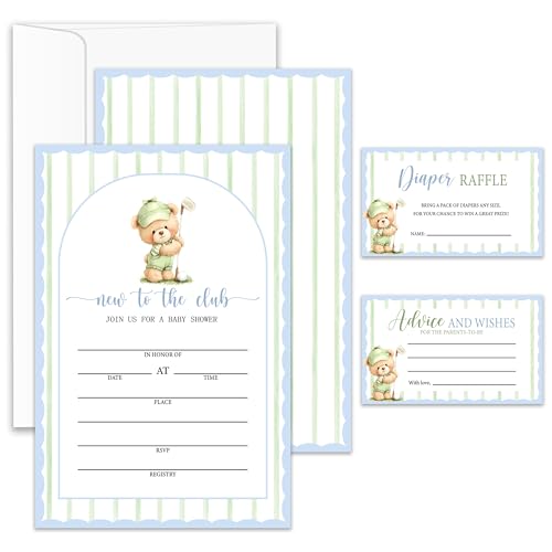 Jdgbo Golf Bear Baby Shower Invitations For Girl Boy, New To The Club Boy Girl Baby Shower Invites 25 Gender Neutral Golf Invitation Cards With Envelope Diaper Raffle Ticket Advice Cards-006