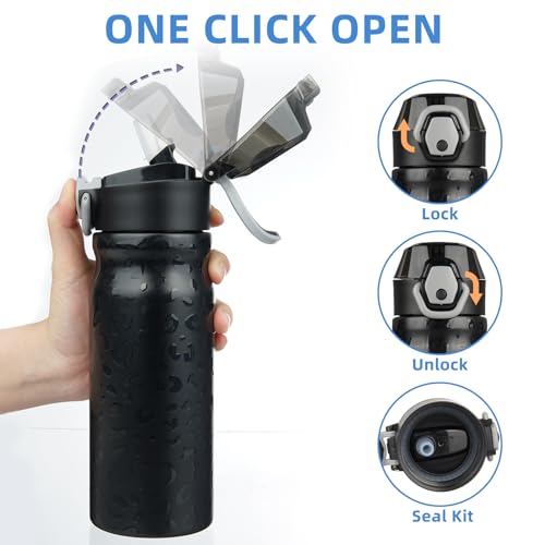 Image of BJPKPK 18 oz Water Bottle with Straw & Handle, Insulated Stainless Flask | Leak Proof Locking Lid, Thermal, Double Wall Vacuum, Metal, Keeps Hot /Cold, BPA Free, Travel & Sports, Black Leopard