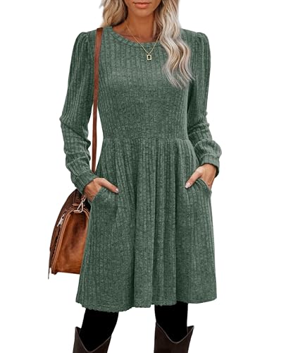 OFEEFAN Fall Dresses for Women 2025 Crew Neck Long Sleeve Knit Sweater Dress2