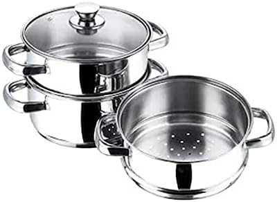 Steamer Cooker Pot Set with Glass Lid Stainless Steel Induction Friendly, 3 Tier Pan, 20cm, by VINOD