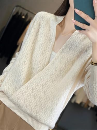 Womens 100% Merino Wool Wrap V Neck Sweater Long Sleeve Jumper Soft Loose Casual Pullover Tops4