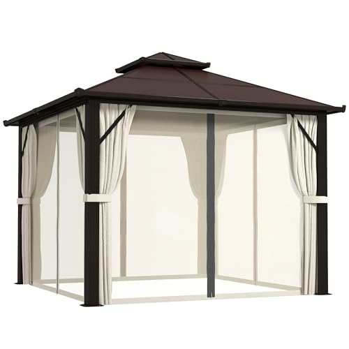 Outsunny 3 x 3m Hardtop Garden Gazebo Canopy with UPF30+ Double Polycarbonate Roof, Aluminium Frame, Permanent Pavilion with Mosquito Netting and Curtains for Patio, Deck, Beige