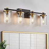 4 Light Bathroom Vanity Light Fixtures, Modern Black and Gold Vanity Lights Over Mirror, Vintage Sconce Wall Lighting with Clear Glass Shade, Brushed Gold Vanity Lights for Bathroom