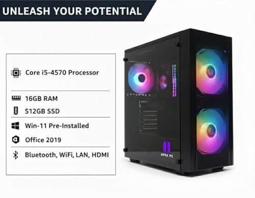 Image of Apex Desktop Computer PC Core i5-4570, 16GB RAM, 512GB SSD, Bluetooth, RGB Lighting Cabinate WiFi, LAN, HDMI, Windows 11, Office 2019, Basic Software Installed 2 Year Warranty