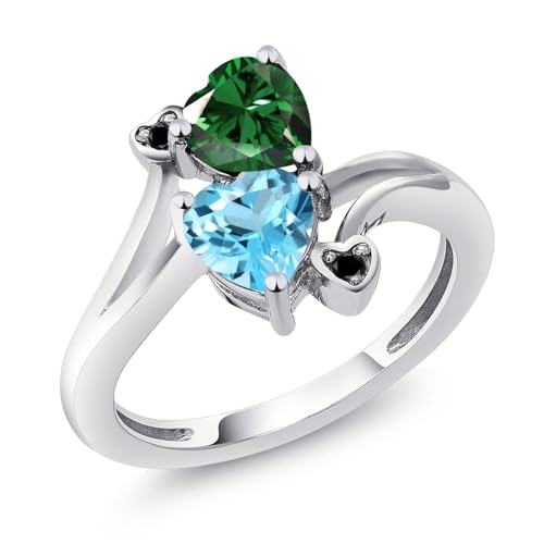 Gem Stone King 925 Sterling Silver Green Nano Emerald Swiss Blue Topaz and Black Diamond Ring For Women (1.66 Cttw, Heart Shape 6MM, Gemstone May Birthstone, Size 5)