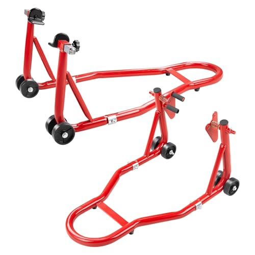 Motorcycle Stand Lift 850lbs Front & Rear Combo Universal Motorcycle Stands Compatible with Most Yamaha Honda Kawasaki Suzuki BMW Motorcycles, Red