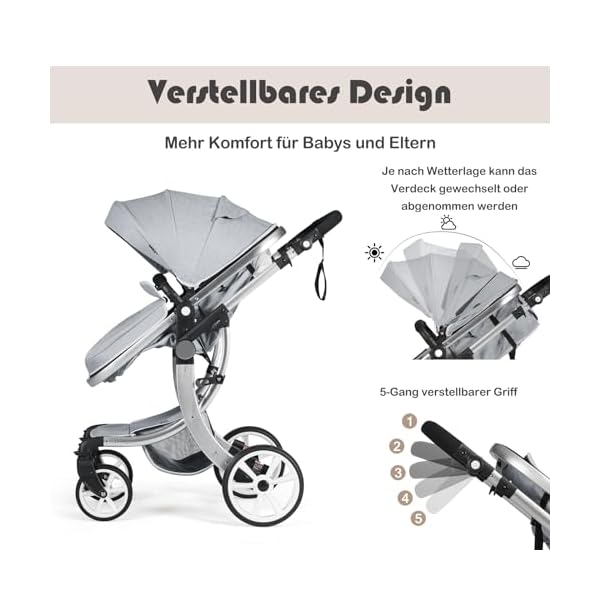 COSTWAY 2 in 1 Kinderwagen faltbar, Kombikinderwagen mit verstellbarer Rückenlehne & Verdeck, Reisebuggy tragbar mit Sonnenschutz, Wickeltasche für Baby bis 3 Jahren, 25 kg Belastbar (Grau)