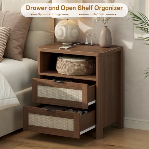 Image of Boho Nightstand Set of 2 with Charging Station, Bedside Table with Drawer & Open Storage Shelf, Mid-Century Modern End Table Rattan, Accent Side Table with Rounded Corners for Bedroom Living Room