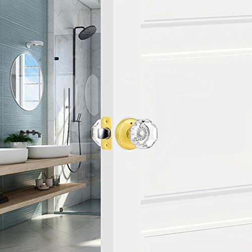 Clctk Privacy Crystal Glass Door Knobs Interior With Lock, Modern Octagon Door Knobs For Bedroom/Bathroom, Gold/Polished Brass #TOP5