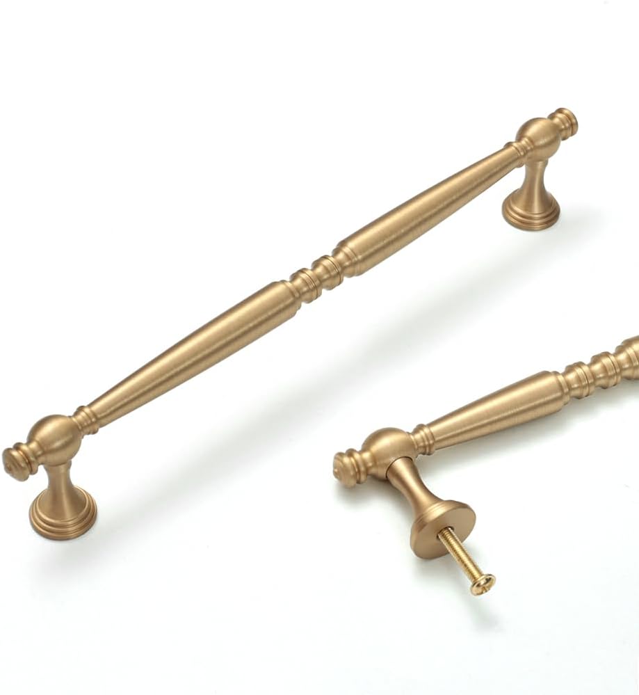 Brushed Gold Cabinet Pulls, Solid Brass Drawer Pulls, Kitchen Door Handles, Handles for Cabinets and Drawers (4, Brass, 223mm/8.78in)